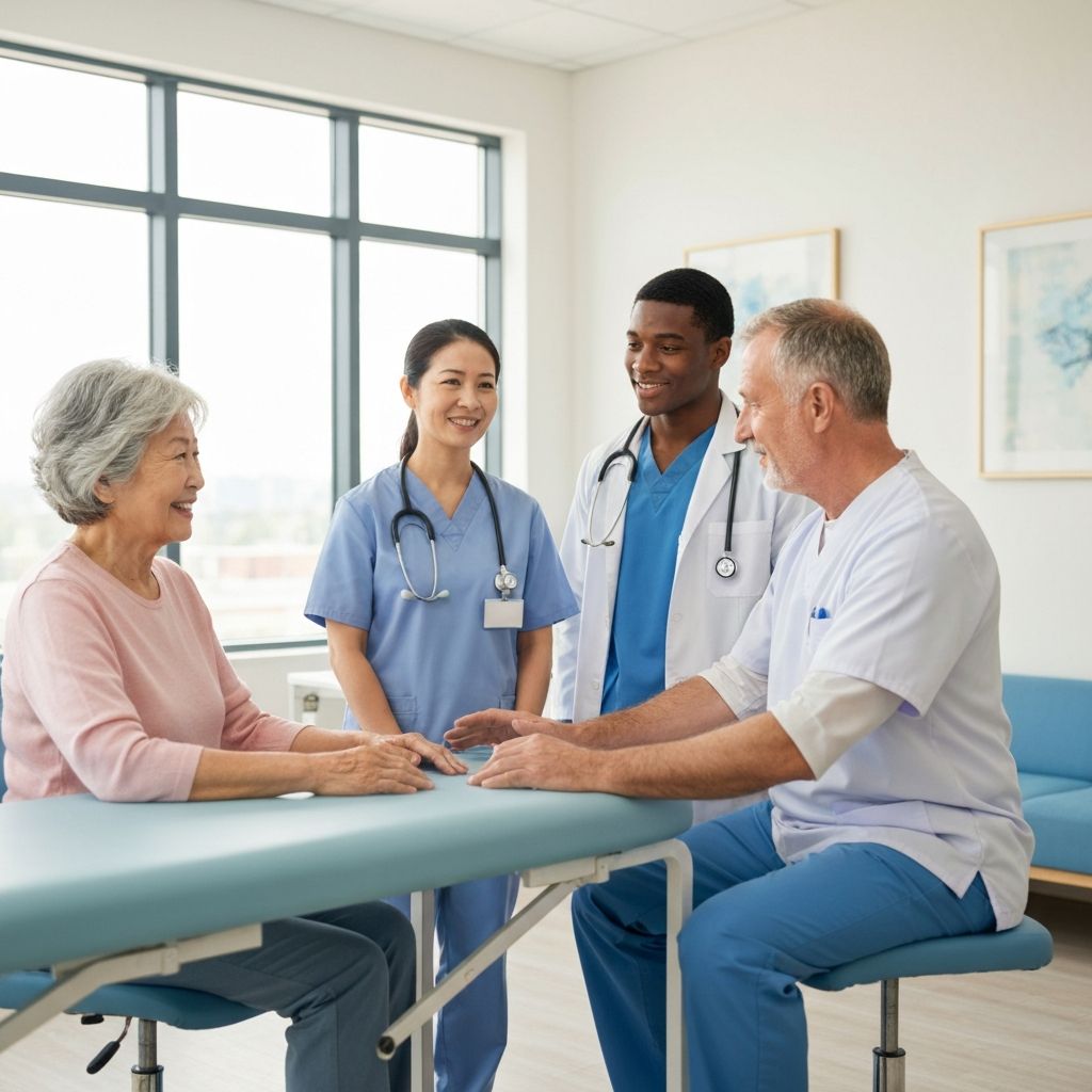 Happy elderly patient with caring healthcare team